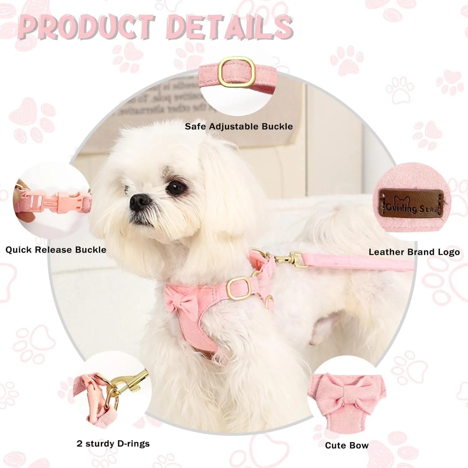 Guiding Star Puppy Harness and Leash Set, No Pull Lightweight Soft Adjustable Escape Proof Pet Harness Vest with Multifunction Dog Leash for Puppy Small Size Dog (Pink-S)
