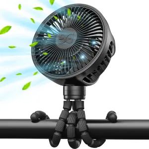 GUSGU Stroller Fan Clip on for Baby, Flexible Tripod & Rechargeable Battery, Small Personal Fan, Mini Portable Fan for Travel, Handheld, Car (Black) Octopus-shaped decorative fan
