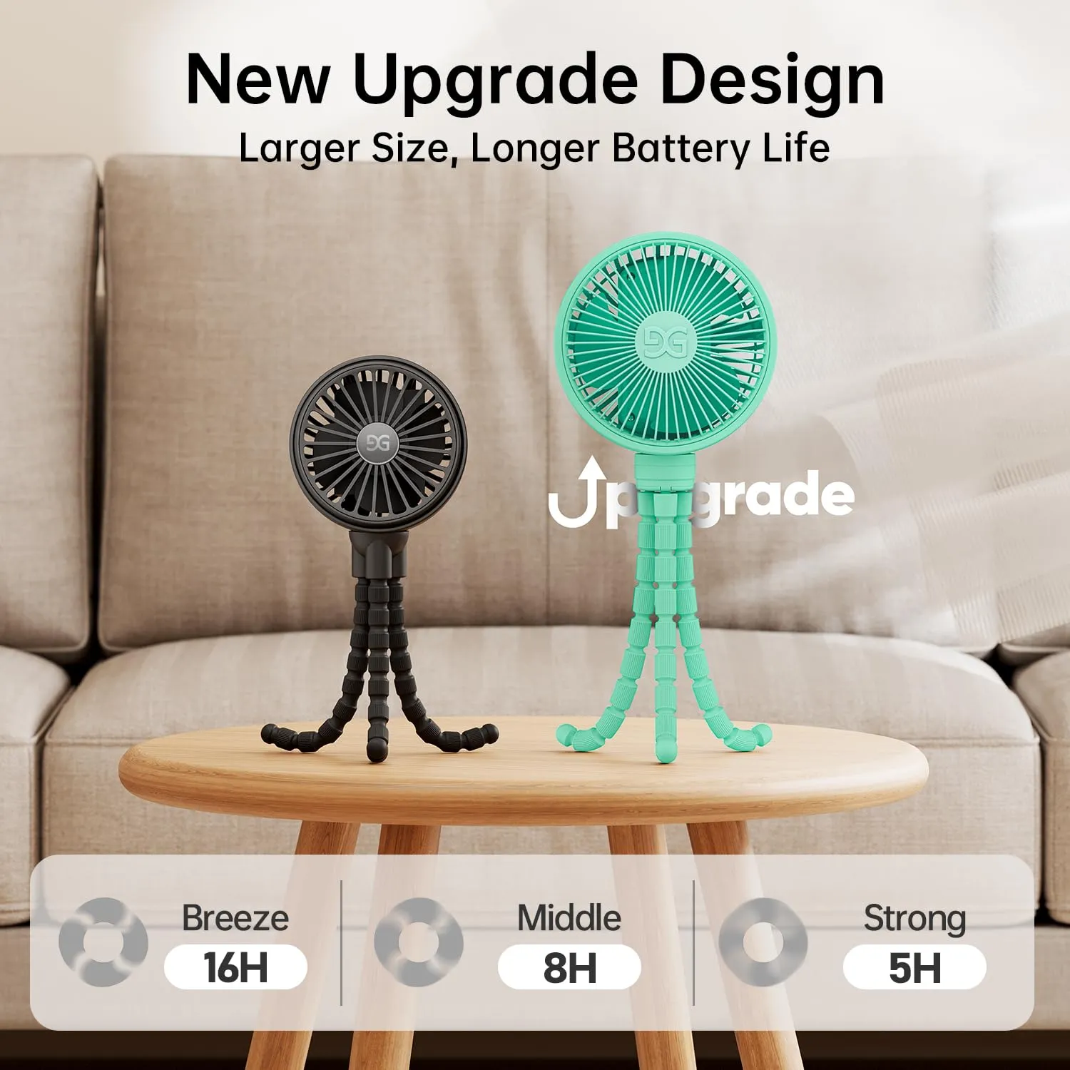 GUSGU Stroller Fan Clip on for Baby, Flexible Tripod & Rechargeable Battery, Small Personal Fan, Mini Portable Fan for Travel, Handheld, Car (Green)