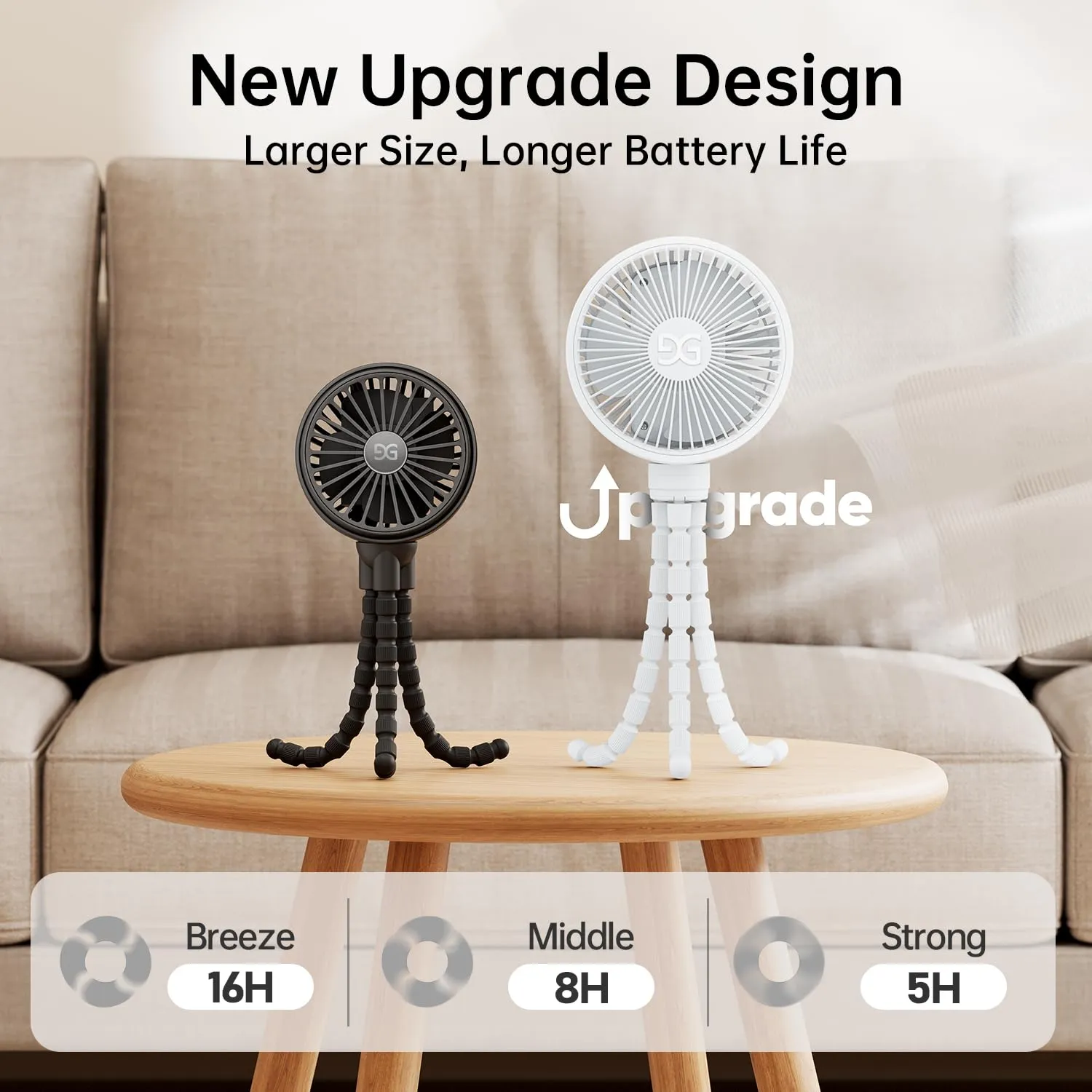 GUSGU Stroller Fan Clip on for Baby, Flexible Tripod & Rechargeable Battery, Small Personal Fan, Mini Portable Fan for Travel, Handheld, Car (White)