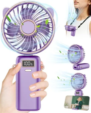 Hand Held Fan,Mini Portable Fans Rechargeable,USB Small Desk Battery Tiny Necklace Cute Cordless Lanyard Hanging Neck Fan Personal Fan Handheld,5 Speeds,90Ajustable Foldaway Hand Fans Camping Sports Neck fan for hands-free comfort