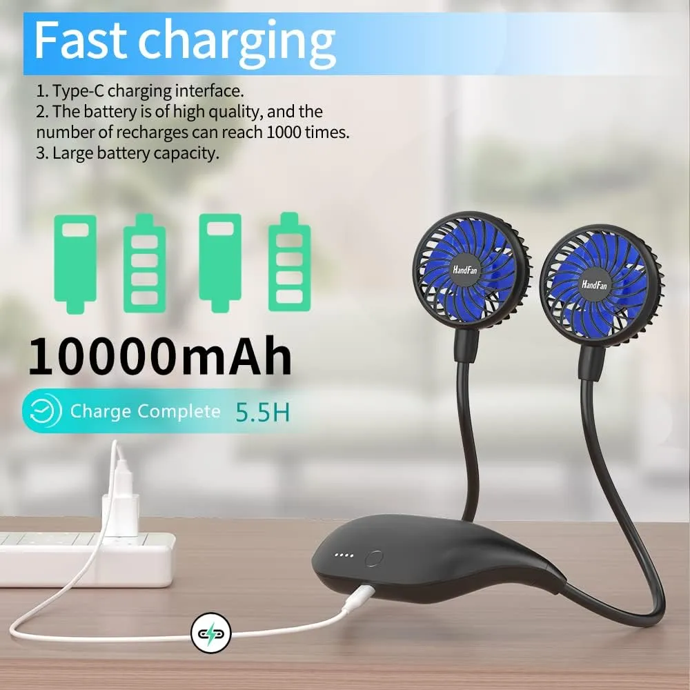 HandFan 10000mAh Neck Fan, 360 Rotation Hands Free Portable Fans for your Neck, 48h Lasting Rechargeable Battery Operated Wearable Necklace Personal Cool Fans for Travel/Disney/Sports/Cycling/Hiking