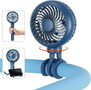 HandFan 4000mAh Battery Operated Stroller Fan Flexible Tripod Clip on Fan with 4 Speeds and Rotatable Max 31Hrs Handheld Personal Fans for Crib Car Seat Bike Treadmill (Blue) Rear-mounted fan for childrens safety