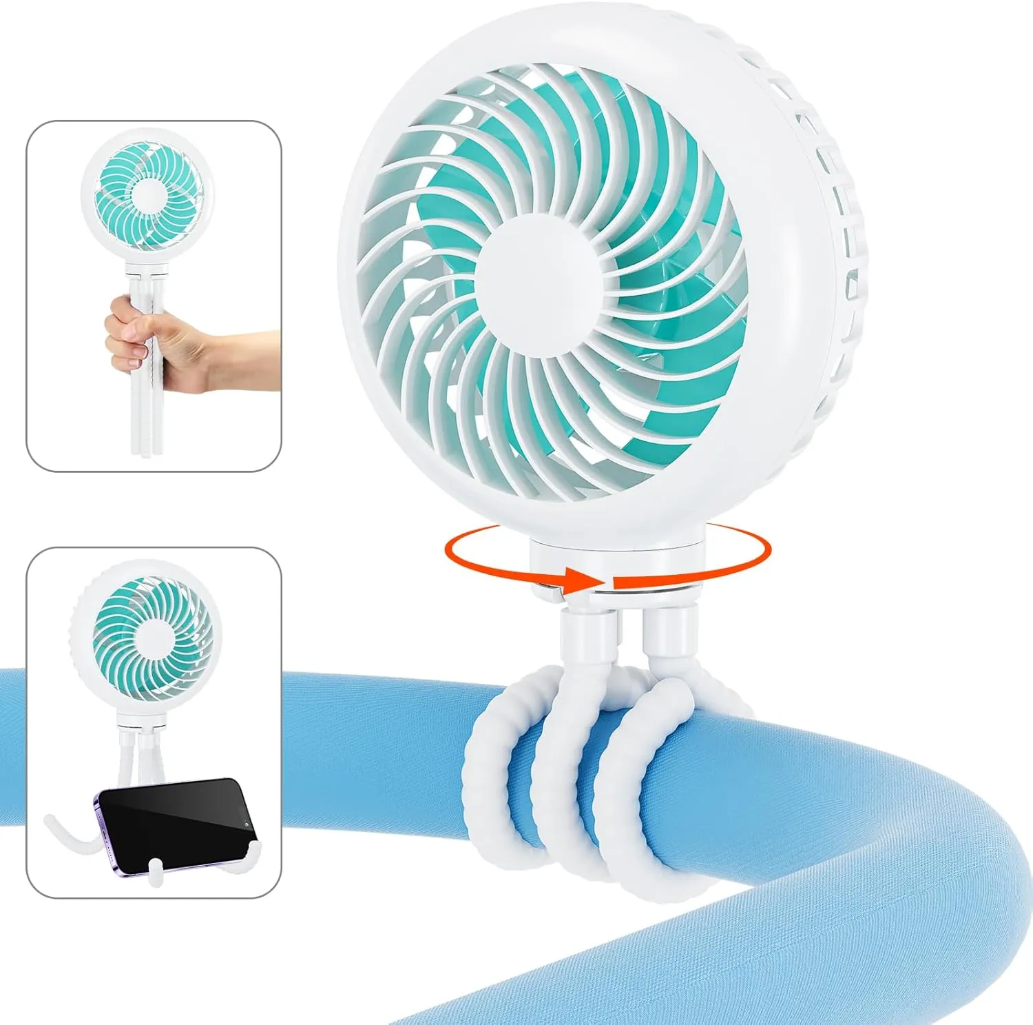 HandFan 4000mAh Battery Operated Stroller Fan Flexible Tripod Clip on Fan with 4 Speeds and Rotatable Max 31Hrs Handheld Personal Fans for Crib Car Seat Bike Treadmill (White) Rear-mounted fan for childrens safety