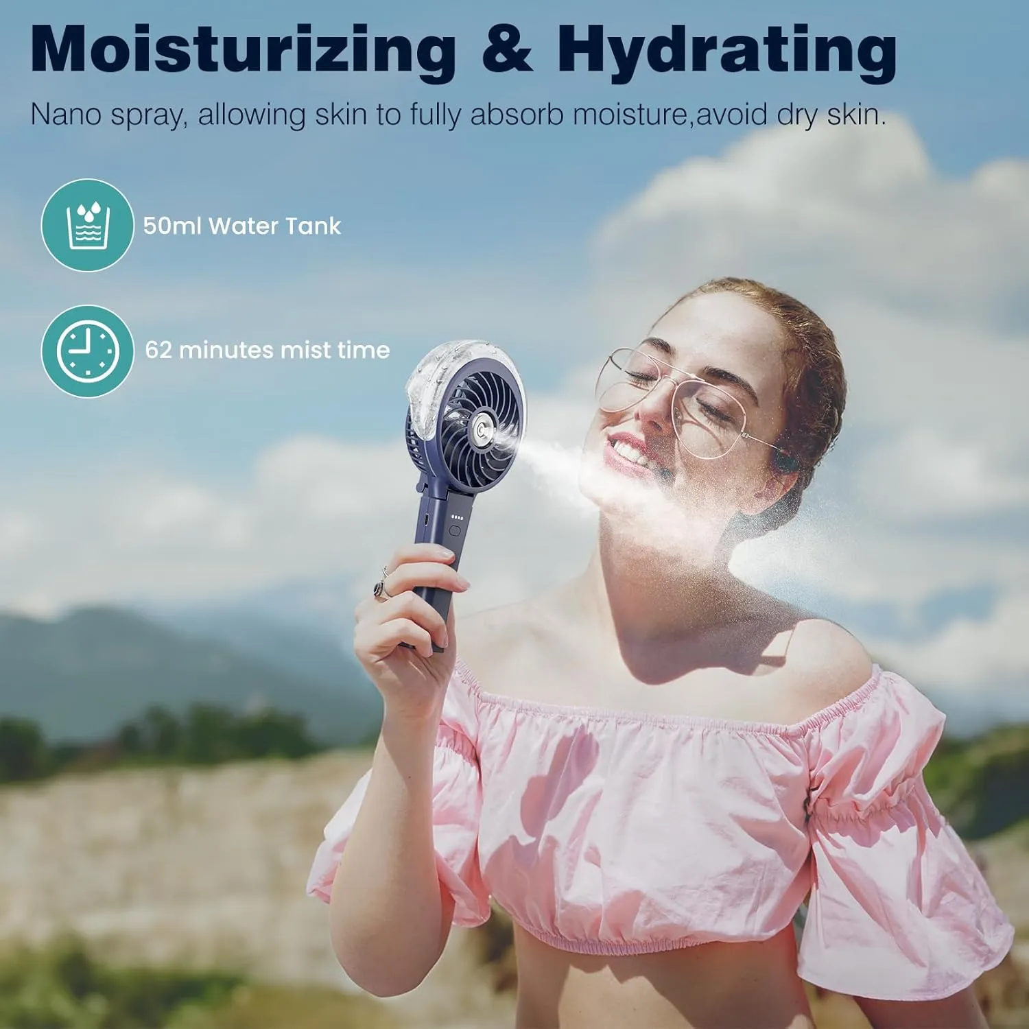 HandFan 4000mAh Upgraded Handheld Misting Fan, 50ml Water Tank, Rechargeable Personal Mister Fan Portable AC, Spray Water Mist Fans, Foldable Cooling Ice Fans for Beach Travel Outdoors(Royal Blue)