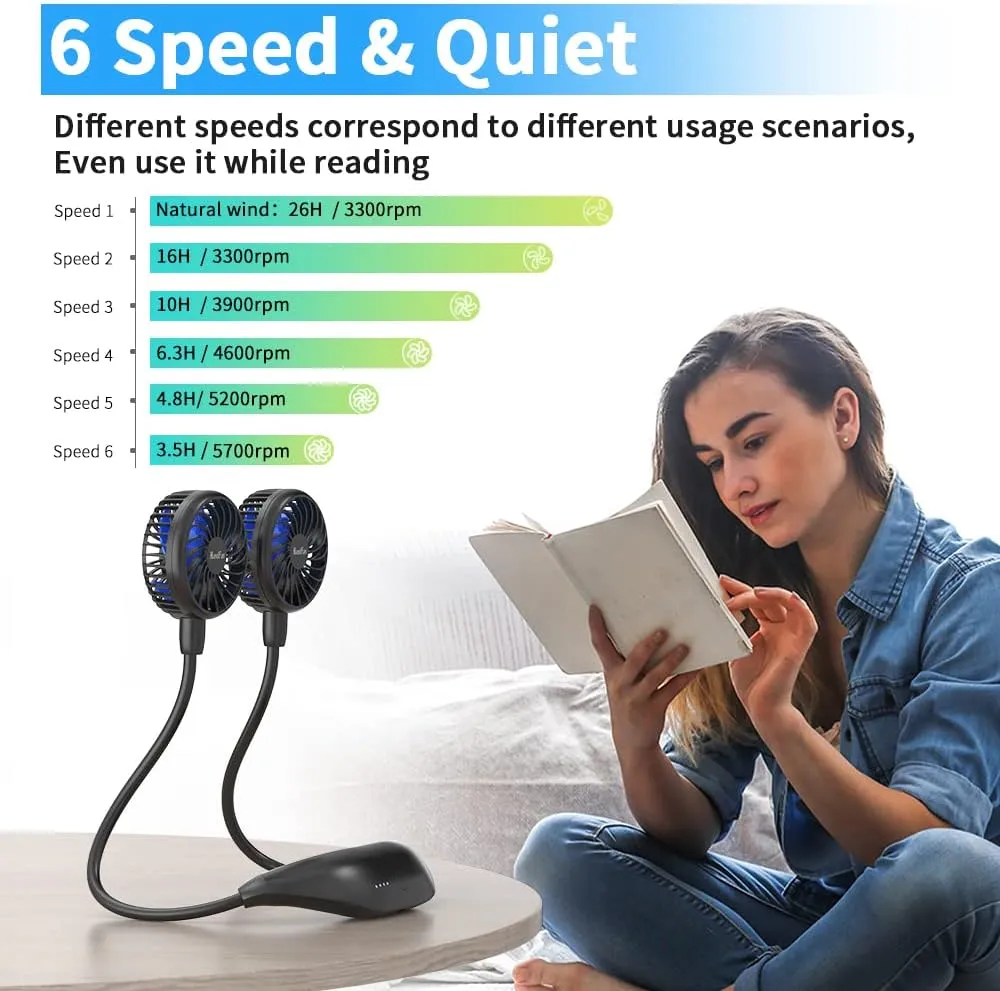 HandFan 5000mAh Portable Neck Fan, Necklace Fan Battery Operated Max 26hrs working, Wearable Fan Rechargeable 6 Speeds, Hands-Free Fan 360 Adjustable for Outdoor Activities Travel Office Home (Black)