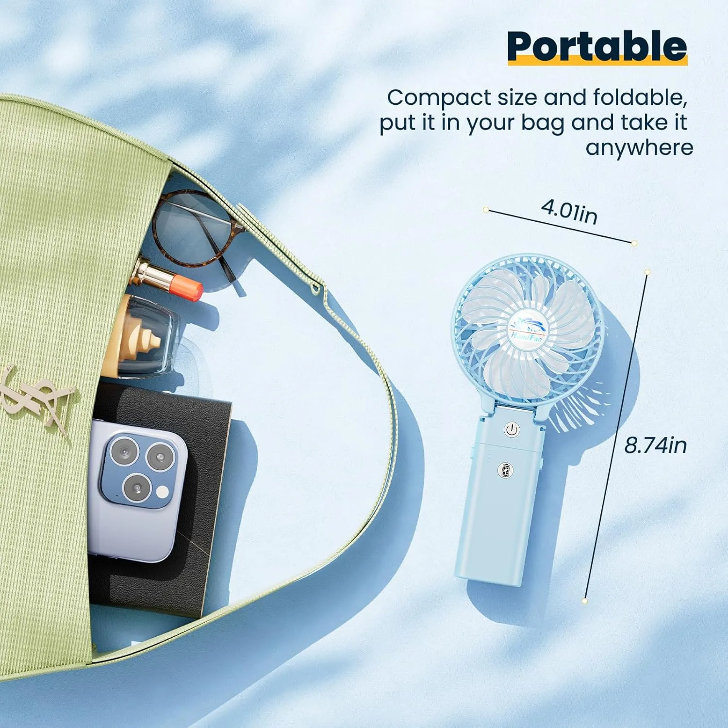 HandFan 5200mAh Handheld Fan Rechargeable, 20H Runtime Hand Fan, 3 Speeds Strong Airflow, Personal 180 Foldable Portable Fan for Travel/Summer/Concerts/Lash/Commute, Gifts for Women (Blue)
