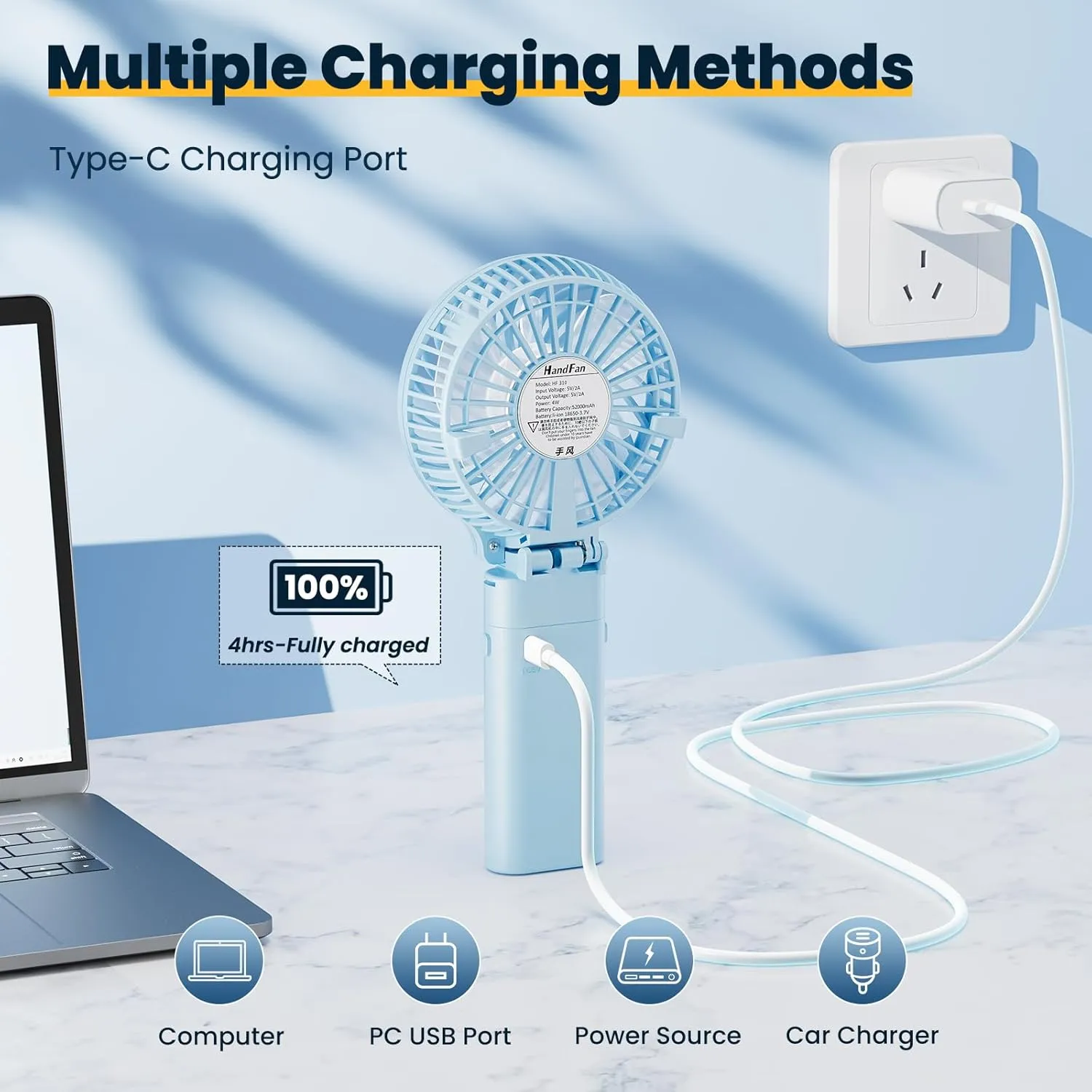 HandFan 5200mAh Handheld Fan Rechargeable, 20H Runtime Hand Fan, 3 Speeds Strong Airflow, Personal 180 Foldable Portable Fan for Travel/Summer/Concerts/Lash/Commute, Gifts for Women (Blue)