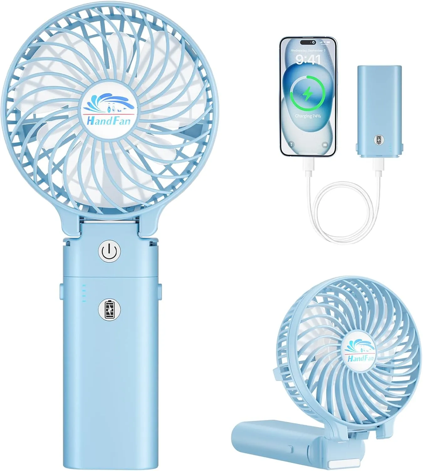 HandFan 5200mAh Handheld Fan Rechargeable, 20H Runtime Hand Fan, 3 Speeds Strong Airflow, Personal 180 Foldable Portable Fan for Travel/Summer/Concerts/Lash/Commute, Gifts for Women (Blue) Mini handheld fan for personal cooling