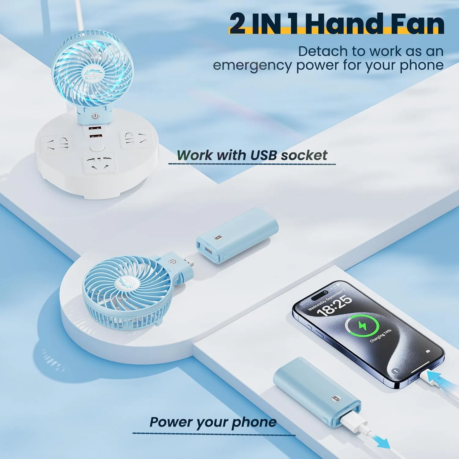 HandFan 5200mAh Handheld Fan Rechargeable, 20H Runtime Hand Fan, 3 Speeds Strong Airflow, Personal 180 Foldable Portable Fan for Travel/Summer/Concerts/Lash/Commute, Gifts for Women (Blue)