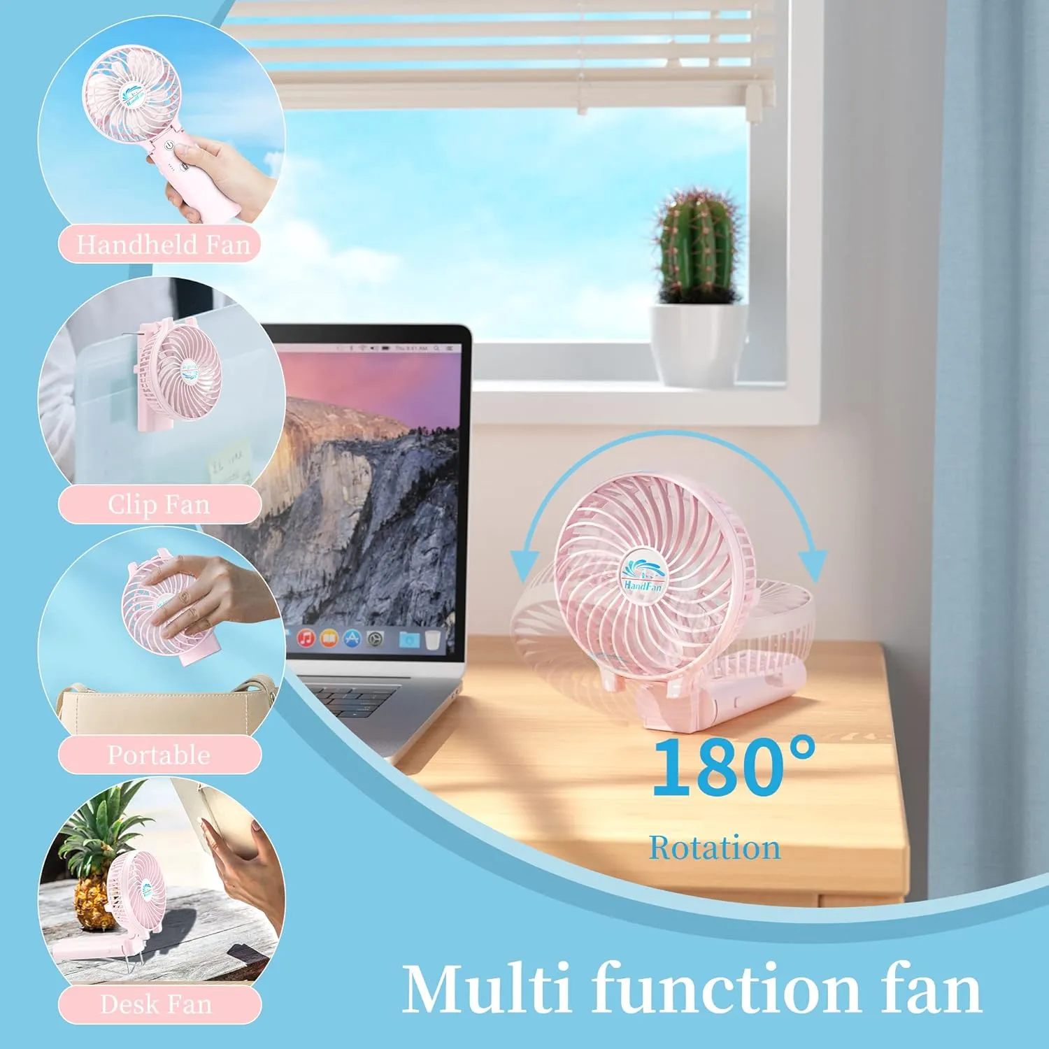 HandFan 5200mAh Handheld Fan Rechargeable, 20H Runtime Hand Fan, 3 Speeds Strong Airflow, Personal 180 Foldable Portable Fan for Travel/Summer/Concerts/Lash/Commute, Gifts for Women (Cherry Pink)