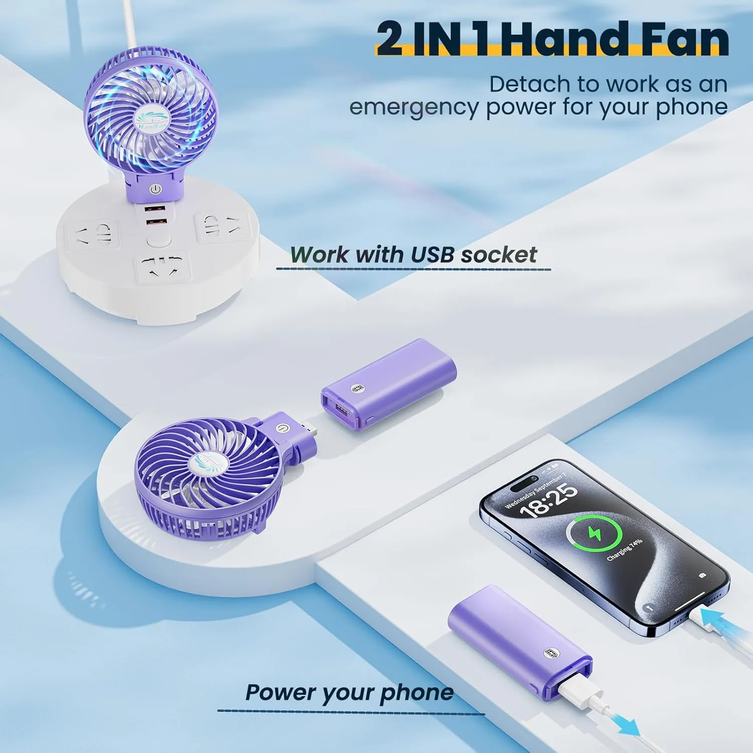 HandFan 5200mAh Handheld Fan Rechargeable, 20H Runtime Hand Fan, 3 Speeds Strong Airflow, Personal 180 Foldable Portable Fan for Travel/Summer/Concerts/Lash/Commute, Gifts for Women (Purple)