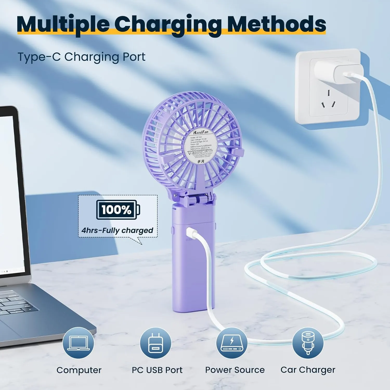 HandFan 5200mAh Handheld Fan Rechargeable, 20H Runtime Hand Fan, 3 Speeds Strong Airflow, Personal 180 Foldable Portable Fan for Travel/Summer/Concerts/Lash/Commute, Gifts for Women (Purple)