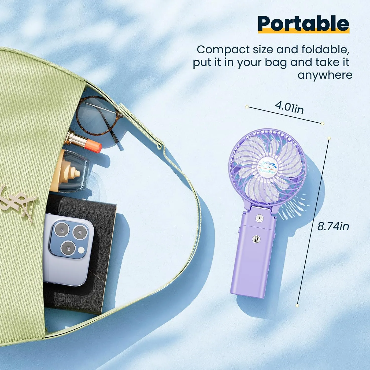 HandFan 5200mAh Handheld Fan Rechargeable, 20H Runtime Hand Fan, 3 Speeds Strong Airflow, Personal 180 Foldable Portable Fan for Travel/Summer/Concerts/Lash/Commute, Gifts for Women (Purple)