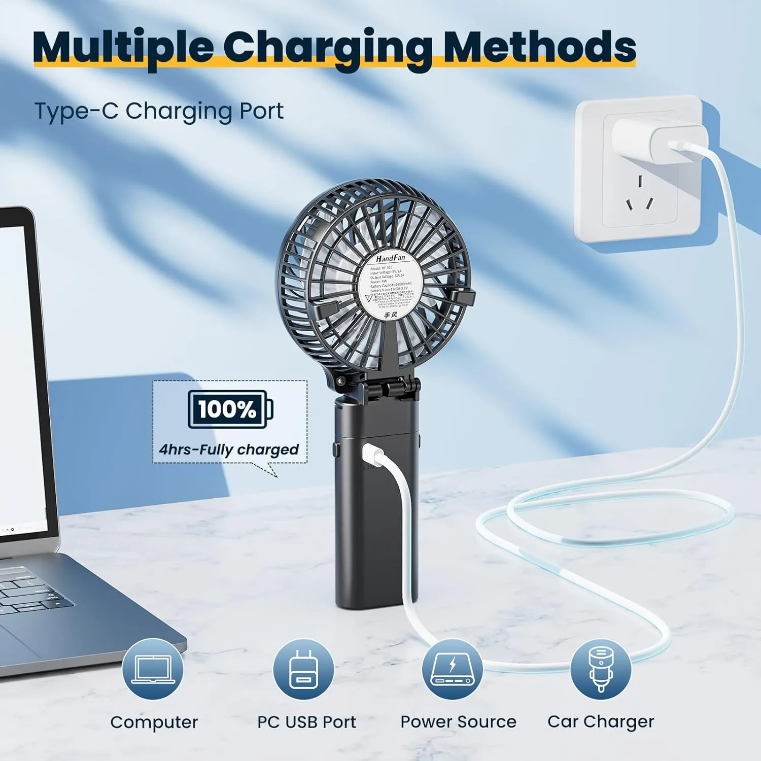 HandFan 5200mAh Portable Handheld Fan, Personal Hand Held Fan USB Rechargeable, 180 Foldable Portable & Detachable Handle Design,3 Speeds Strong Airflow Cooling for Travel/Outdoors/Indoors (Black)