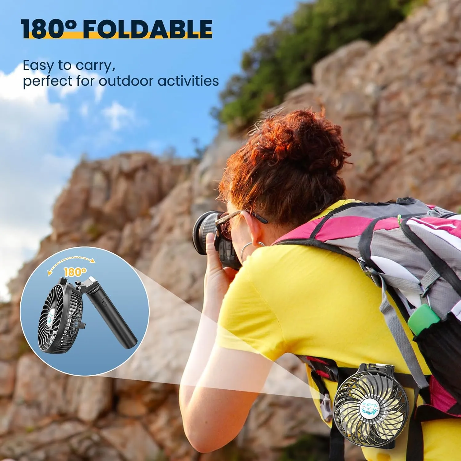HandFan 5200mAh Portable Handheld Fan, Personal Hand Held Fan USB Rechargeable, 180 Foldable Portable & Detachable Handle Design,3 Speeds Strong Airflow Cooling for Travel/Outdoors/Indoors (Black)