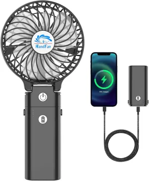 HandFan 5200mAh Portable Handheld Fan, Personal Hand Held Fan USB Rechargeable, 180 Foldable Portable & Detachable Handle Design,3 Speeds Strong Airflow Cooling for Travel/Outdoors/Indoors (Black) Mini handheld fan for personal cooling