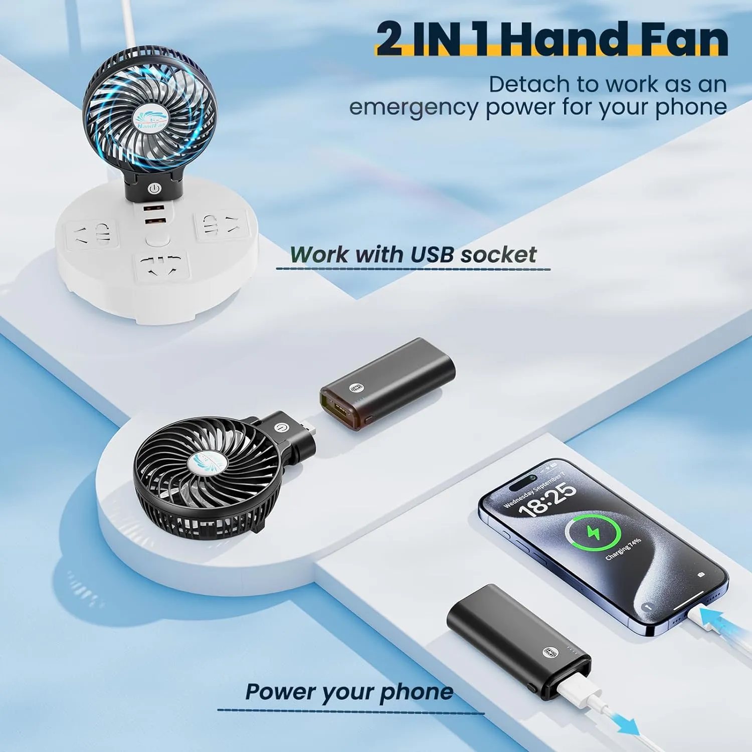 HandFan 5200mAh Portable Handheld Fan, Personal Hand Held Fan USB Rechargeable, 180 Foldable Portable & Detachable Handle Design,3 Speeds Strong Airflow Cooling for Travel/Outdoors/Indoors (Black)