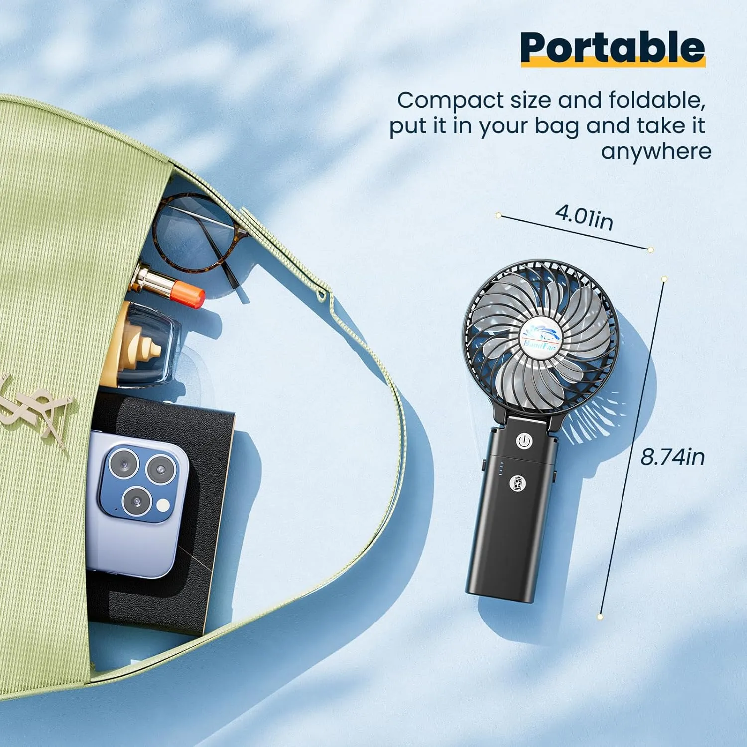 HandFan 5200mAh Portable Handheld Fan, Personal Hand Held Fan USB Rechargeable, 180 Foldable Portable & Detachable Handle Design,3 Speeds Strong Airflow Cooling for Travel/Outdoors/Indoors (Black)