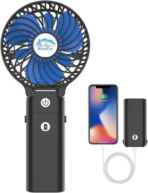 HandFan 5200mAh Portable Handheld Fan Rechargeable with Power Bank-3 Speeds Foldable Personal Cooling, 2-IN-1 Hand Held Fan Battery Operated, 20H Runtime for Travel/Summer/Concerts/Women (Black&Blue) Mini handheld fan for personal cooling