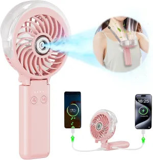 HandFan 5200mAh Upgraded Handheld Misting Fan, Personal Mister Fan, Spray Water Mist Fans USB Rechargeable, Electric Mini Cooling Ice AC Fans for Summer Beach Travel Gifts for Women(Pink) Mini handheld fan for personal cooling