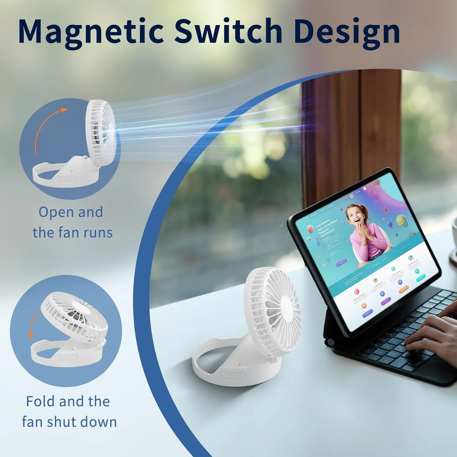 HandFan Handheld Mini Fan Rechargeable, Personal Necklace Fan, 3 in 1 Hand Fan, Small Pocket Fan with Unique Magnetic Switch, Battery Operated, for Travel Outdoor Makeup, Gifts for Women(White)