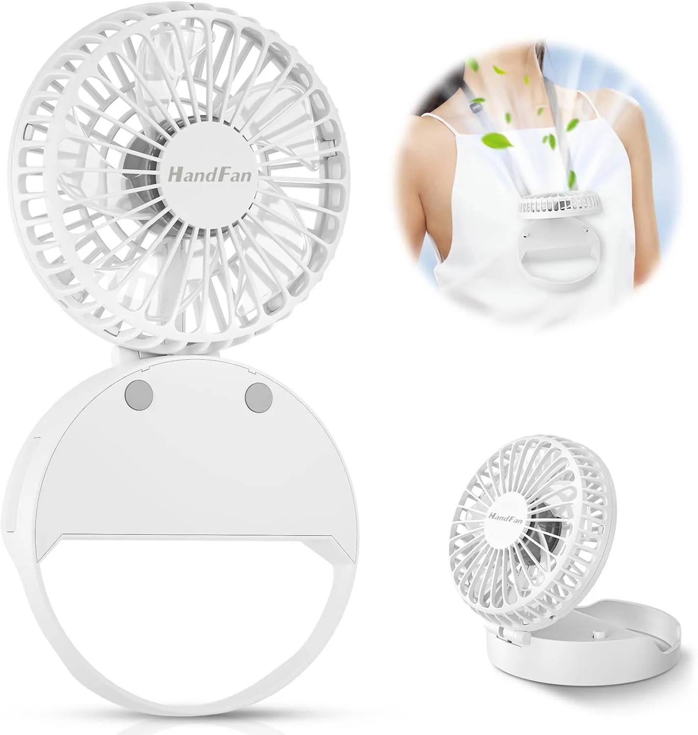 HandFan Handheld Mini Fan Rechargeable, Personal Necklace Fan, 3 in 1 Hand Fan, Small Pocket Fan with Unique Magnetic Switch, Battery Operated, for Travel Outdoor Makeup, Gifts for Women(White) Neck fan for hands-free comfort