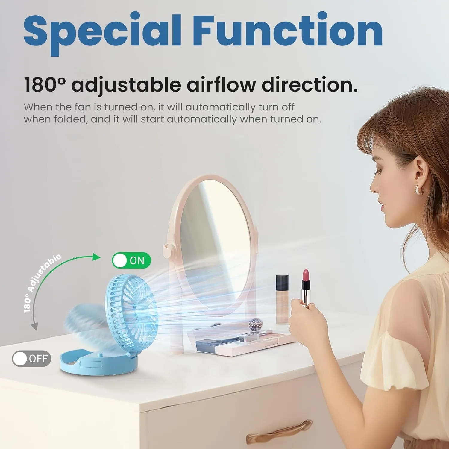 HandFan Handheld Rechargeable Fan Portable, Hands Free Neck Fan, Battery Operated Hand Fan [3-10 Working Hours] with 180 Foldable, Auto Off On Feature for Women,Travel,Outdoor(Sky Blue)