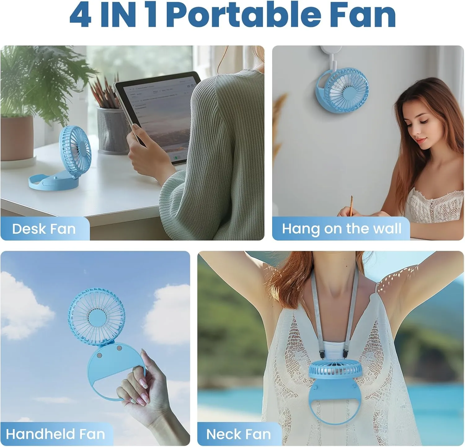 HandFan Handheld Rechargeable Fan Portable, Hands Free Neck Fan, Battery Operated Hand Fan [3-10 Working Hours] with 180 Foldable, Auto Off On Feature for Women,Travel,Outdoor(Sky Blue)