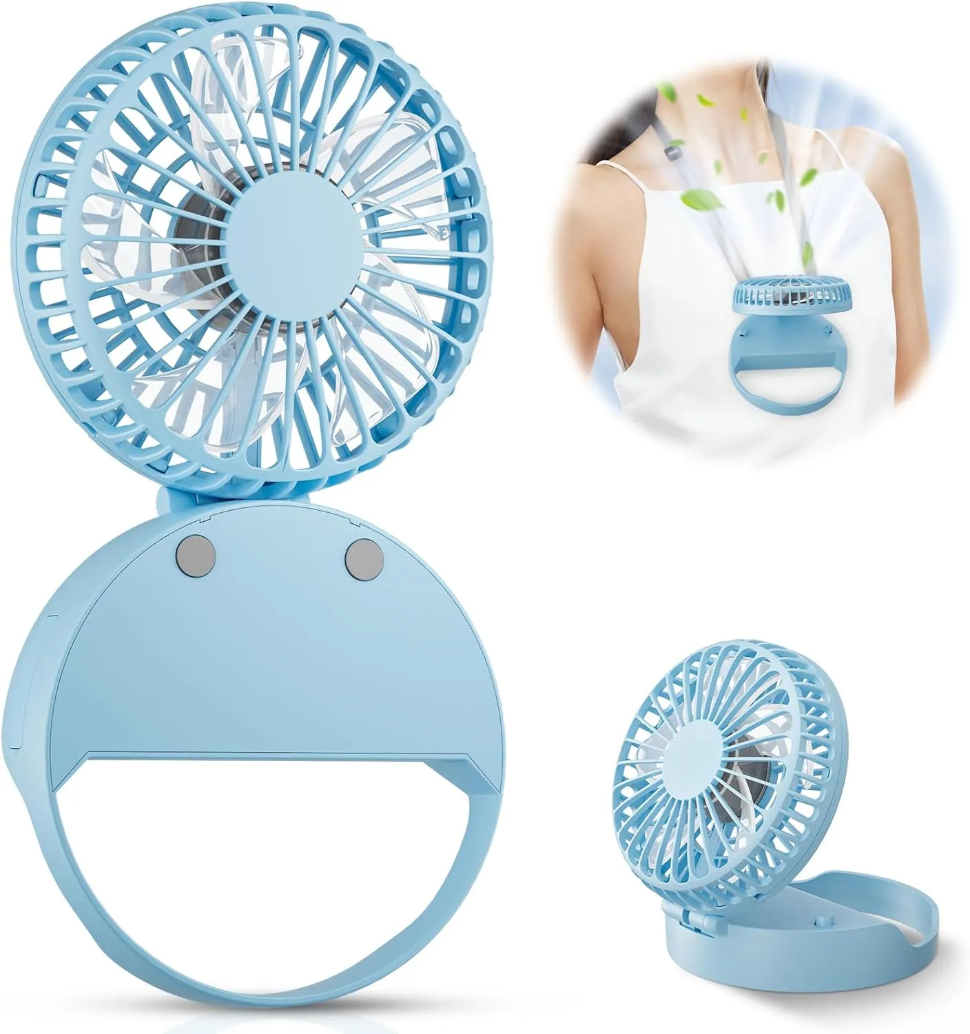 HandFan Handheld Rechargeable Fan Portable, Hands Free Neck Fan, Battery Operated Hand Fan [3-10 Working Hours] with 180 Foldable, Auto Off On Feature for Women,Travel,Outdoor(Sky Blue) Neck fan for hands-free comfort