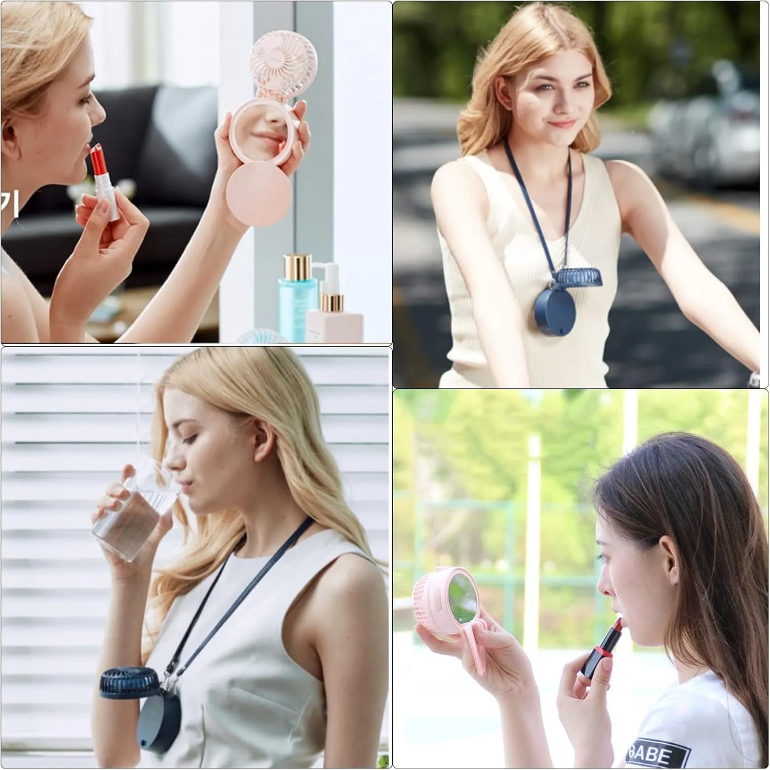 HandFan Mini Necklace Fan with Portable Charger/Makeup Mirror, Personal Hanging Neck Fan Rechargeable, Hands-Free Battery Operated Wearable Fan for Travel Outdoor Makeup(Blue)