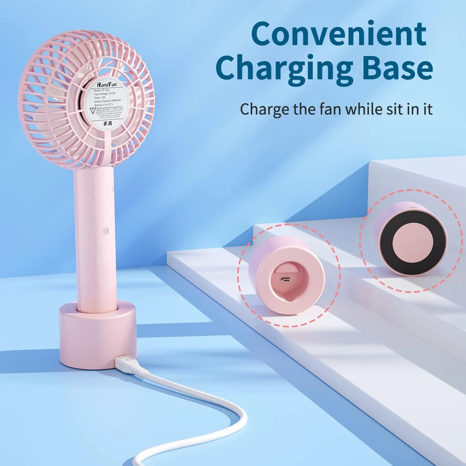 HandFan Portable Handheld Fan, Small Personal Hand Fan, Electric Mini Cooling Fans, USB Rechargeable Desk Fans for Travel Beach Makeup Office Disney, Gifts for Women(Pink)