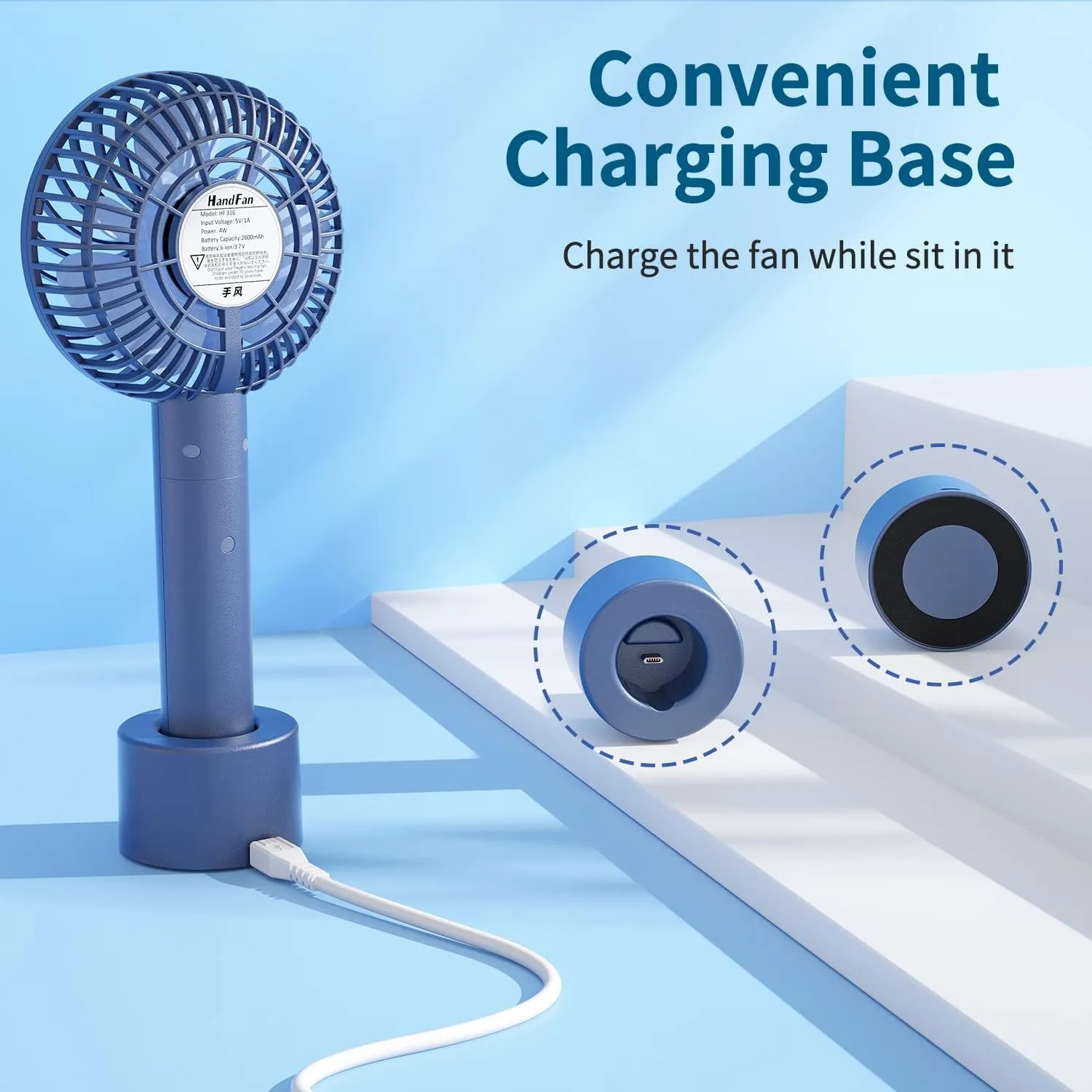 HandFan Portable Handheld Fan, Small Personal Hand Fan, Electric Mini Cooling Fans, USB Rechargeable Desk Fans for Travel Beach Makeup Office Disney, Gifts for Women(Royal Blue)