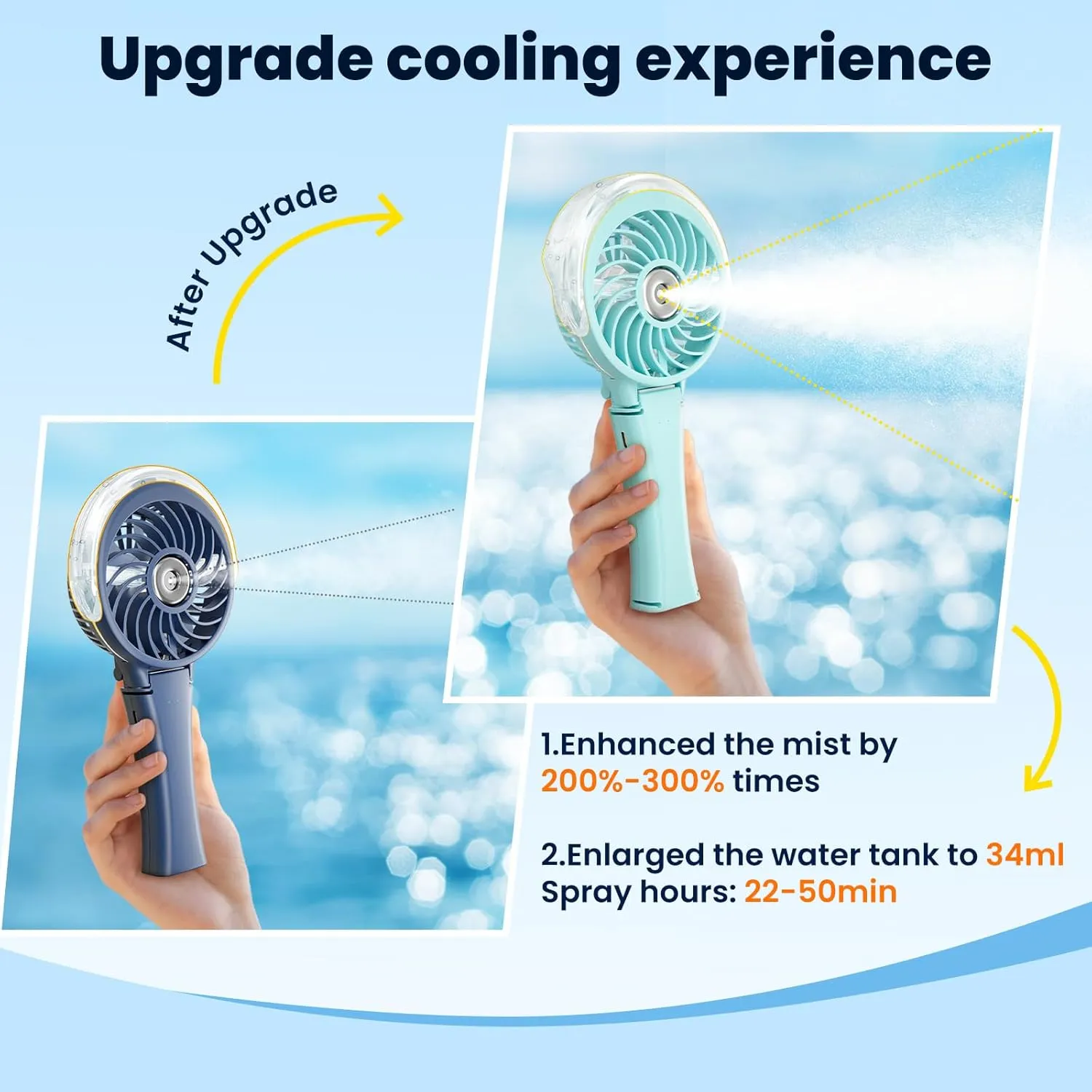 HandFan Upgraded Portable Handheld Misting Fan, Rechargeable Personal Mister Fan, Spray Water Mist Fans, Foldable Electric Mini Cooling Fans for Beach Travel Disney Makeup(Light Blue)