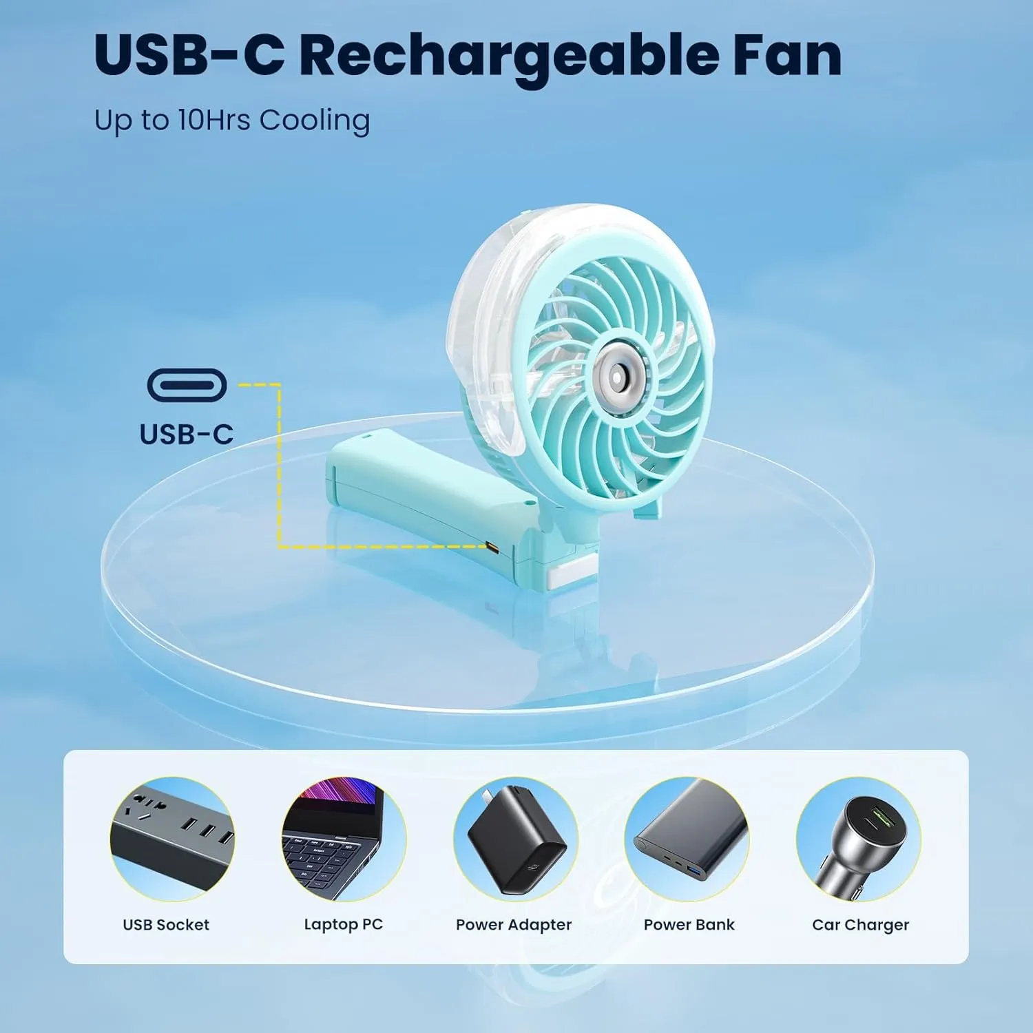 HandFan Upgraded Portable Handheld Misting Fan, Rechargeable Personal Mister Fan, Spray Water Mist Fans, Foldable Electric Mini Cooling Fans for Beach Travel Disney Makeup(Light Blue)