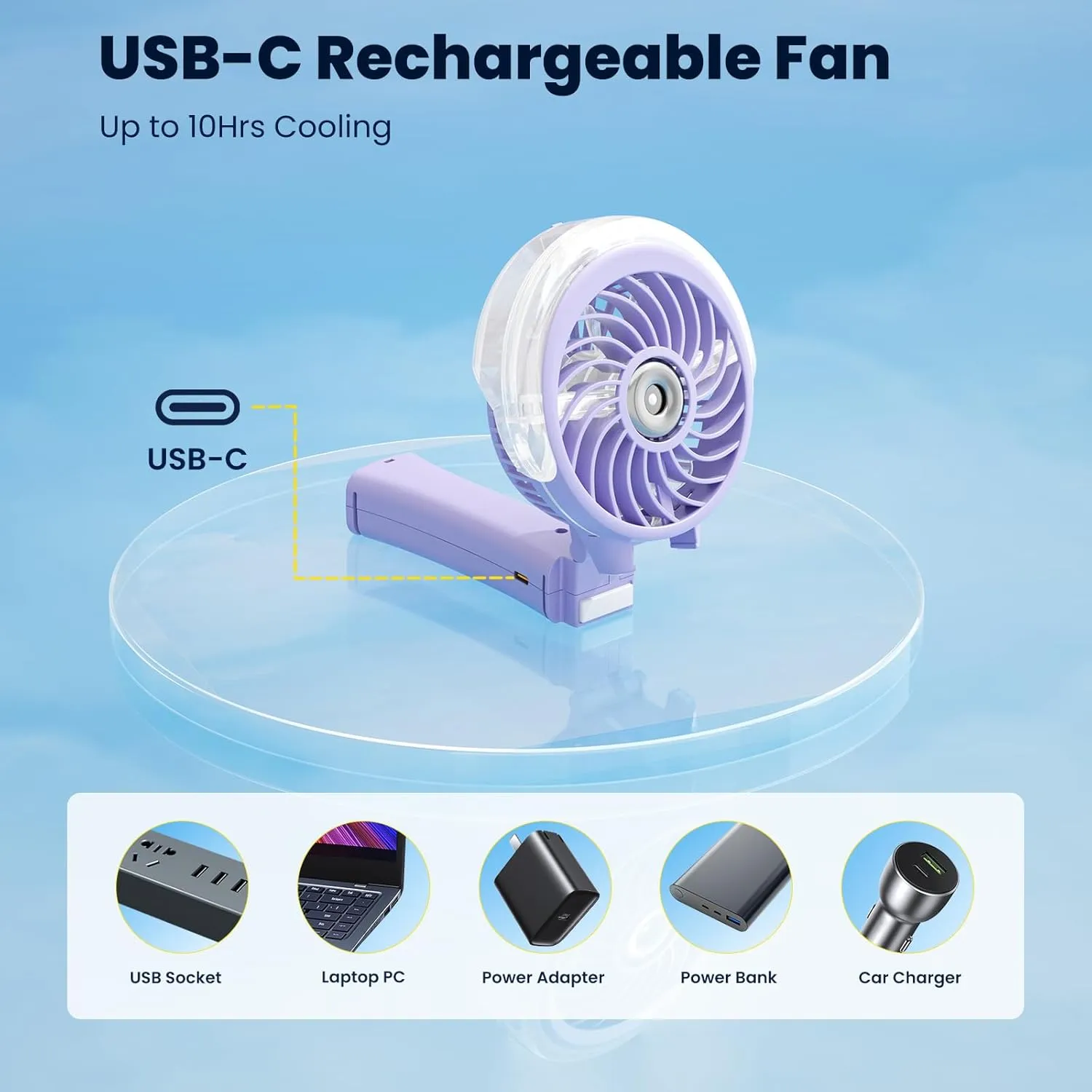 HandFan Upgraded Portable Handheld Misting Fan, Rechargeable Personal Mister Fan, Spray Water Mist Fans, Foldable Electric Mini Cooling Hand Fans for Beach Travel Disney Makeup(Light Purple)