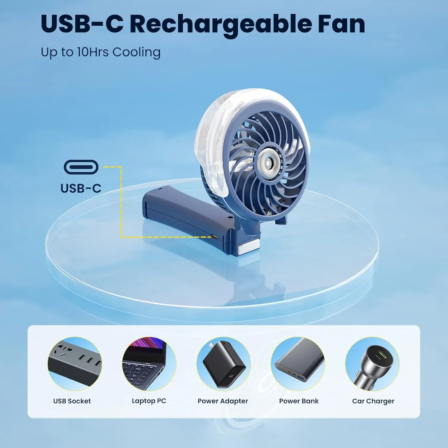 HandFan Upgraded Portable Handheld Misting Fan, Rechargeable Personal Mister Fan, Spray Water Mist Fans, Foldable Mini Cooling Hand Fans for Summer Beach Travel Concerts, Gifts for Women(Royal Blue)