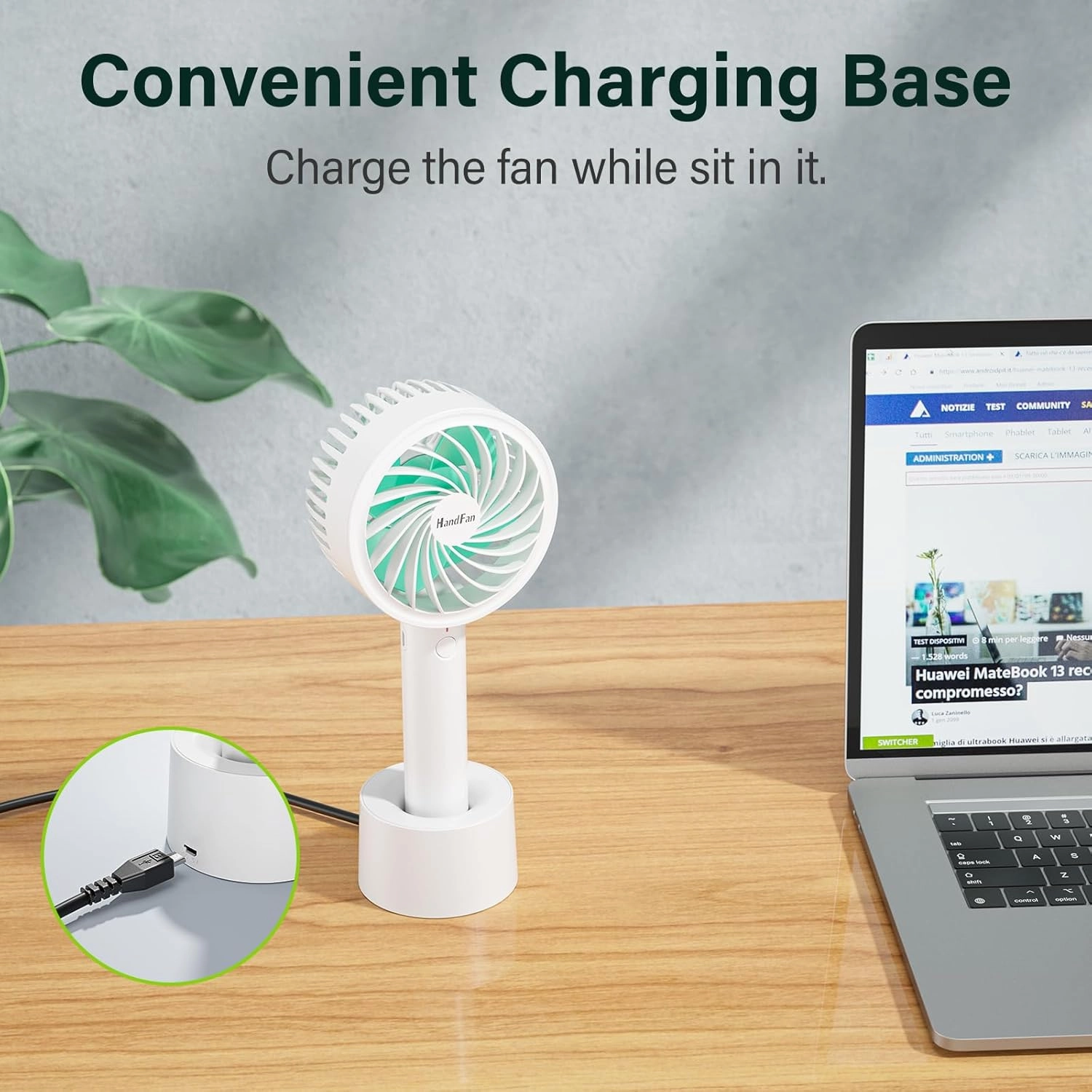 HandFan 15dB Super Quiet Portable Handheld Fan, Rechargeable Hand Fan with Charging Base, Personal Cooling Electric Fan for Eyelash Makeup Desk Office Travel Outdoors(White)