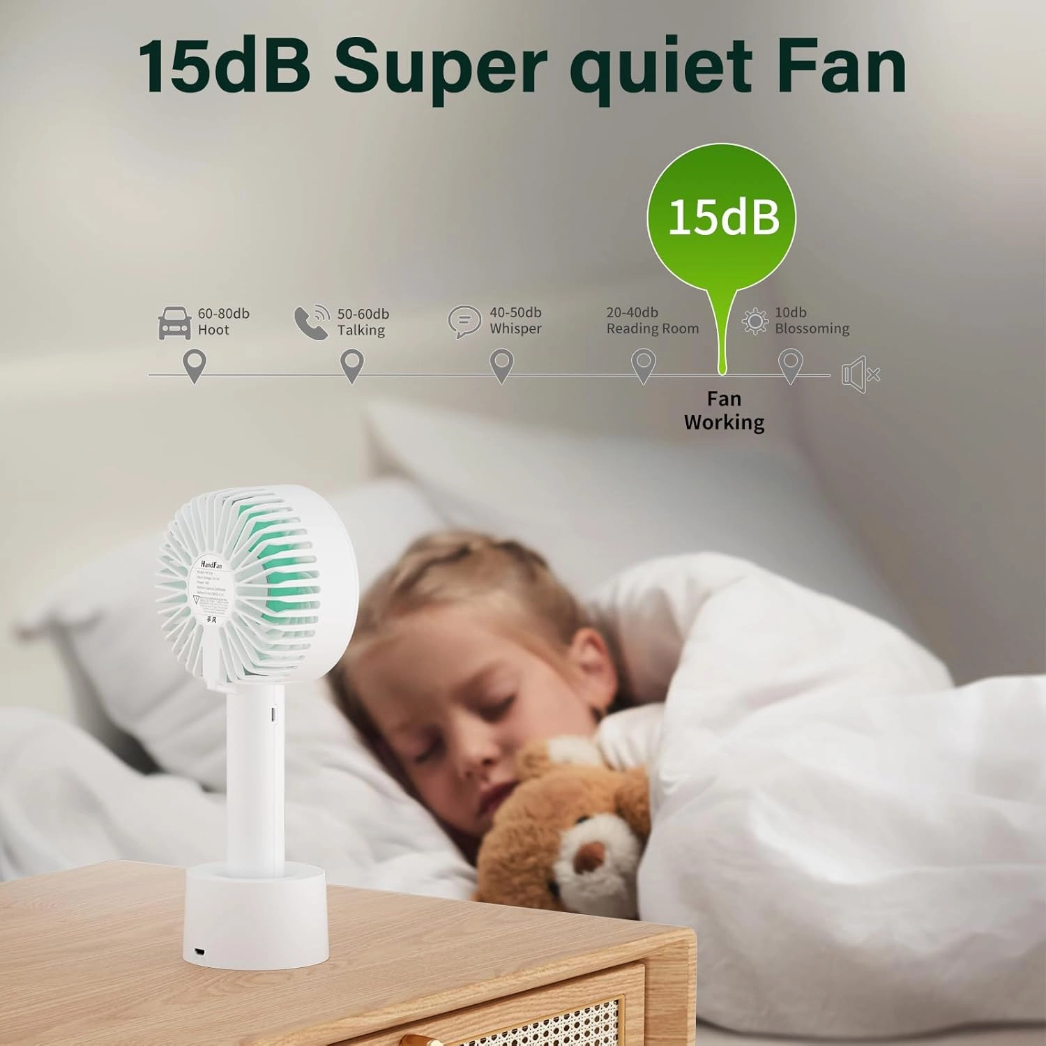 HandFan 15dB Super Quiet Portable Handheld Fan, Rechargeable Hand Fan with Charging Base, Personal Cooling Electric Fan for Eyelash Makeup Desk Office Travel Outdoors(White)