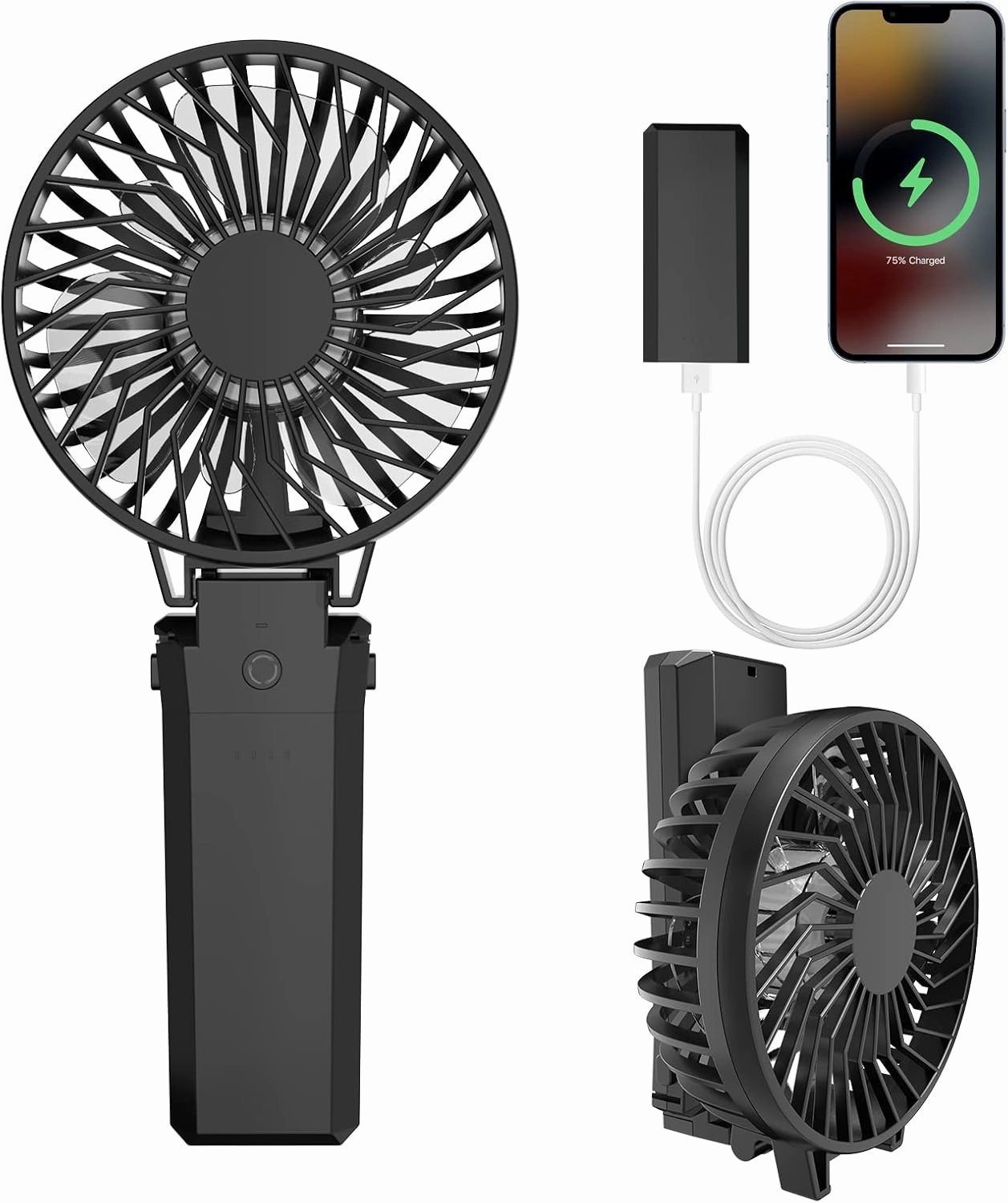 HandFan 5200mAh Portable Fan Handheld, 6 Speeds Hand Held Fan 180 Foldable Personal, Battery Operated USB Rechargeable, Handle Separate Design for Travel/School/Outdoors/Indoors (6 Speeds Black) Mini handheld fan for personal cooling