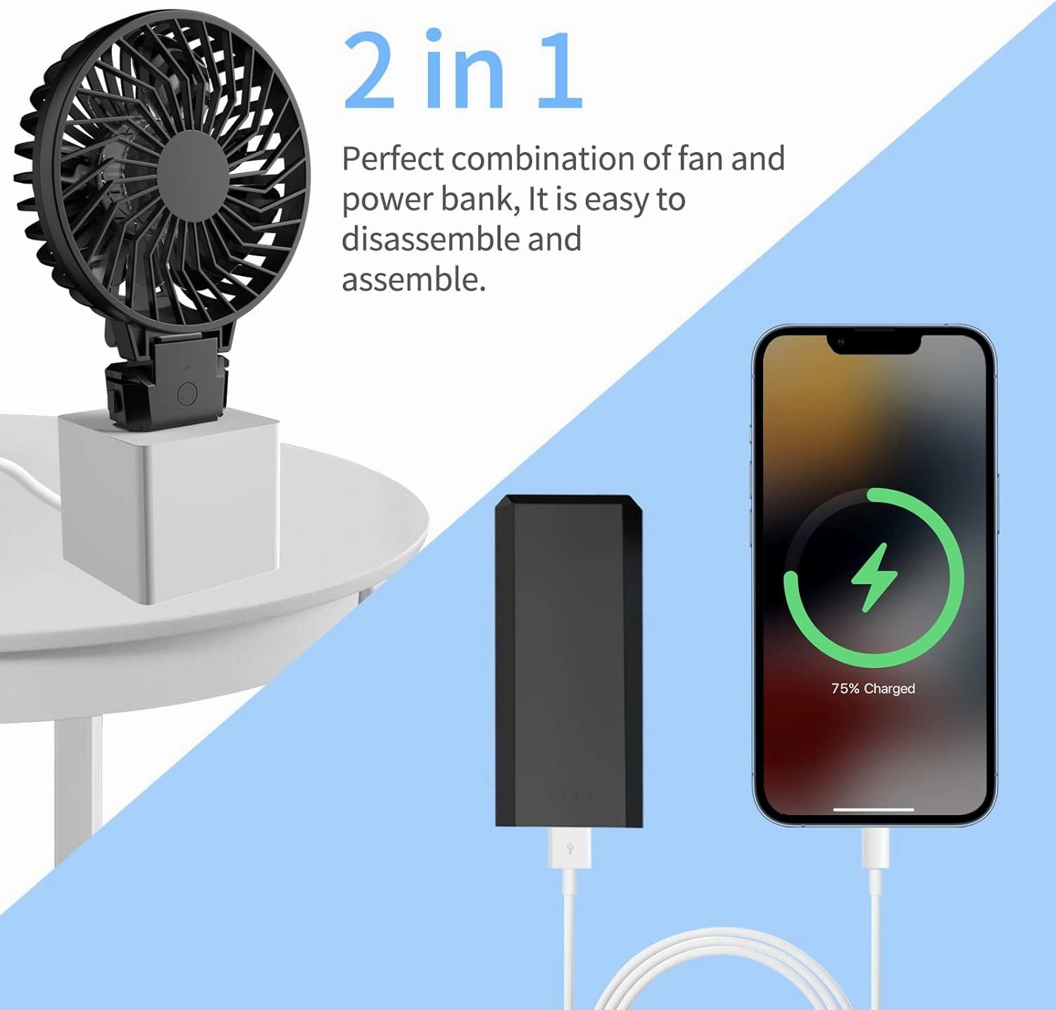 HandFan 5200mAh Portable Fan Handheld, 6 Speeds Hand Held Fan 180 Foldable Personal, Battery Operated USB Rechargeable, Handle Separate Design for Travel/School/Outdoors/Indoors (6 Speeds Black)