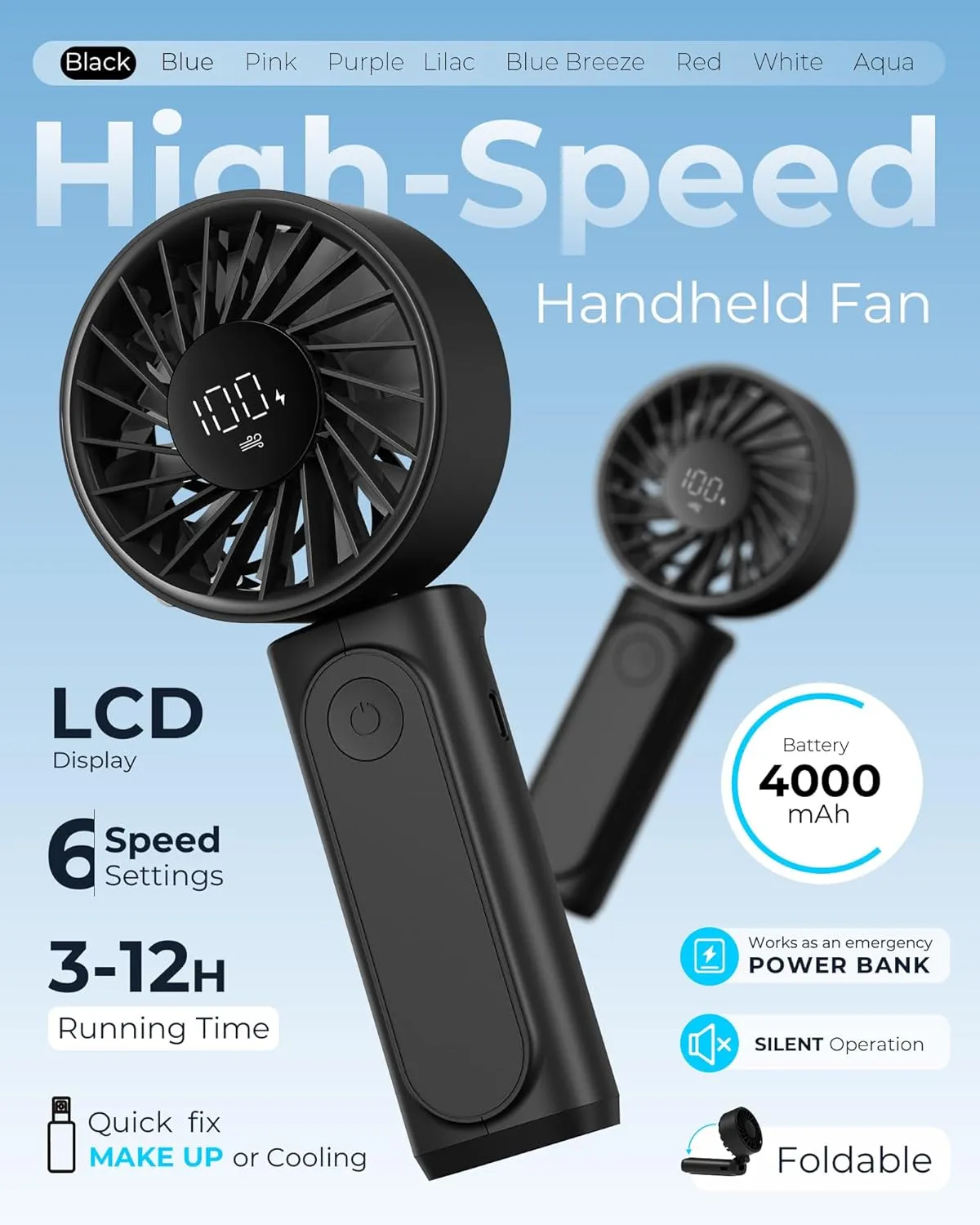 Handheld Fan, Portable Fan, 4000mAh Rechargeable Personal, 180 Foldable Mini Desk Fan with 6 Wind Speed, LCD Digital Display, Lanyard as Neck, Ultra Quiet, Pocket Size for Indoor Outdoor