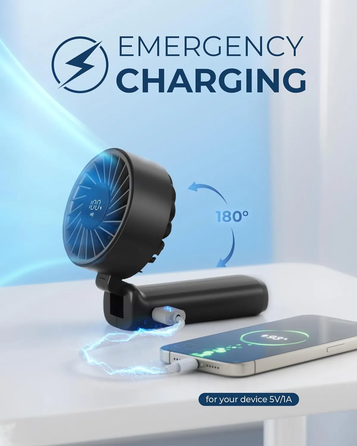 Handheld Fan, Portable Fan, 4000mAh Rechargeable Personal, 180 Foldable Mini Desk Fan with 6 Wind Speed, LCD Digital Display, Lanyard as Neck, Ultra Quiet, Pocket Size for Indoor Outdoor
