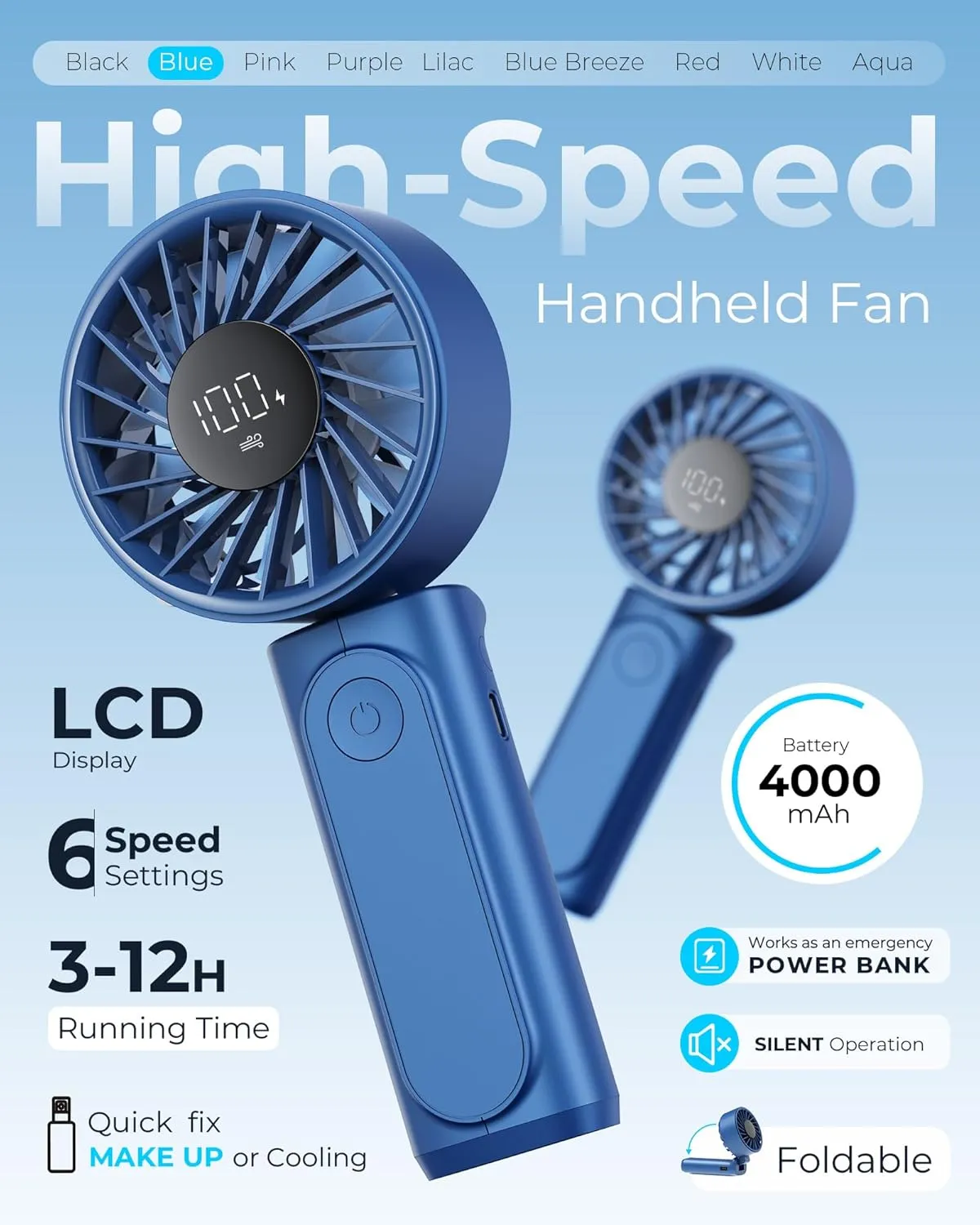 Handheld Fan, Portable Fan, 4000mAh Rechargeable Personal Fan, 180 Foldable Mini Desk Fan with 6 Wind Speed, LCD Digital Display, Lanyard as Neck Fan, Ultra Quiet, Pocket Size for Indoor Outdoor