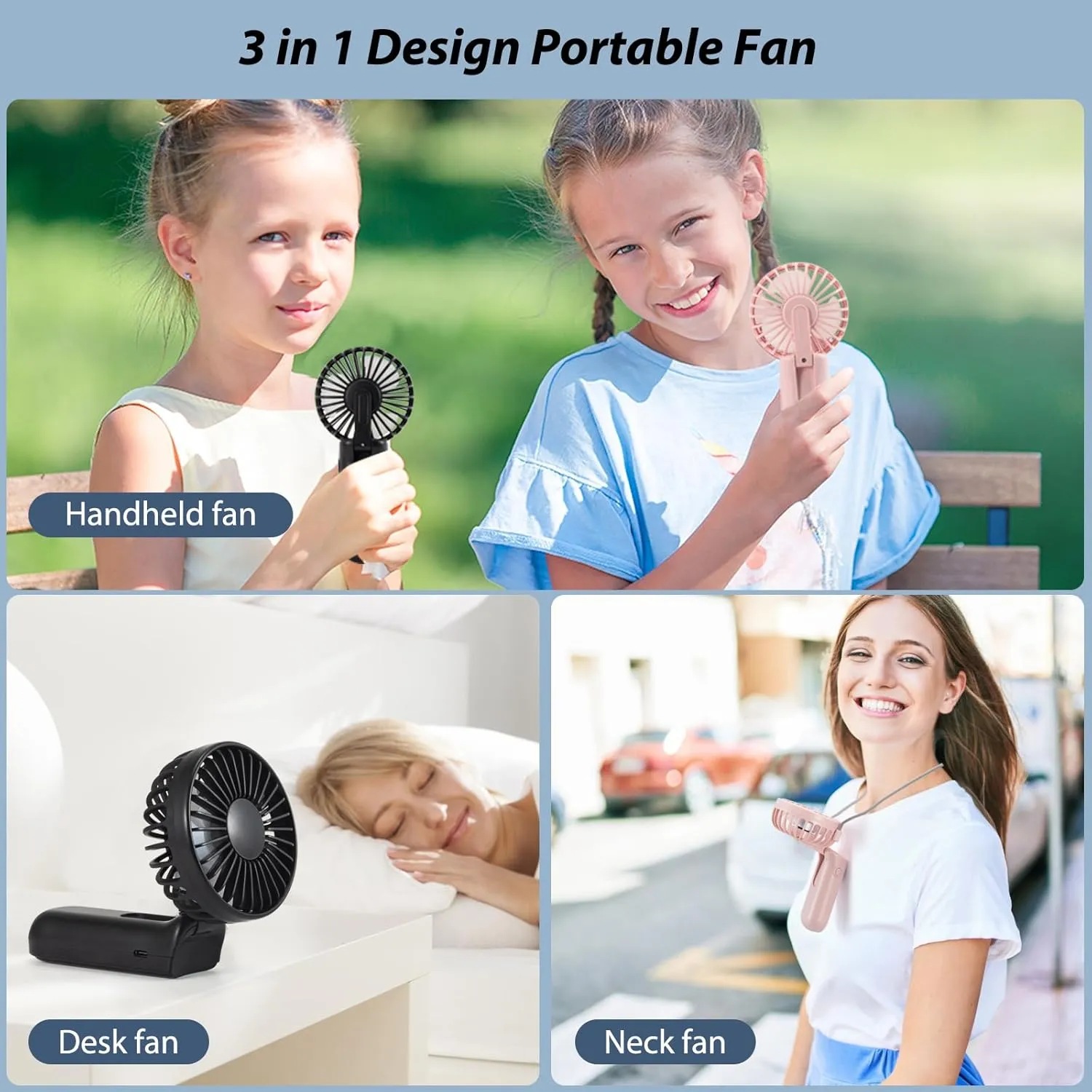 Handheld Mini Fan, 2 Pack Handheld/Neck/Desk 3 in 1 Small Portable Fan USB Rechargeable, 3000mAh Battery Operated with LED Display, 180 Foldable with 5 Speed Wind (Black Pink)