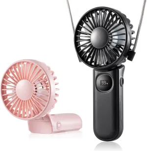 Handheld Mini Fan, 2 Pack Handheld/Neck/Desk 3 in 1 Small Portable Fan USB Rechargeable, 3000mAh Battery Operated with LED Display, 180 Foldable with 5 Speed Wind (Black Pink) Neck fan for hands-free comfort