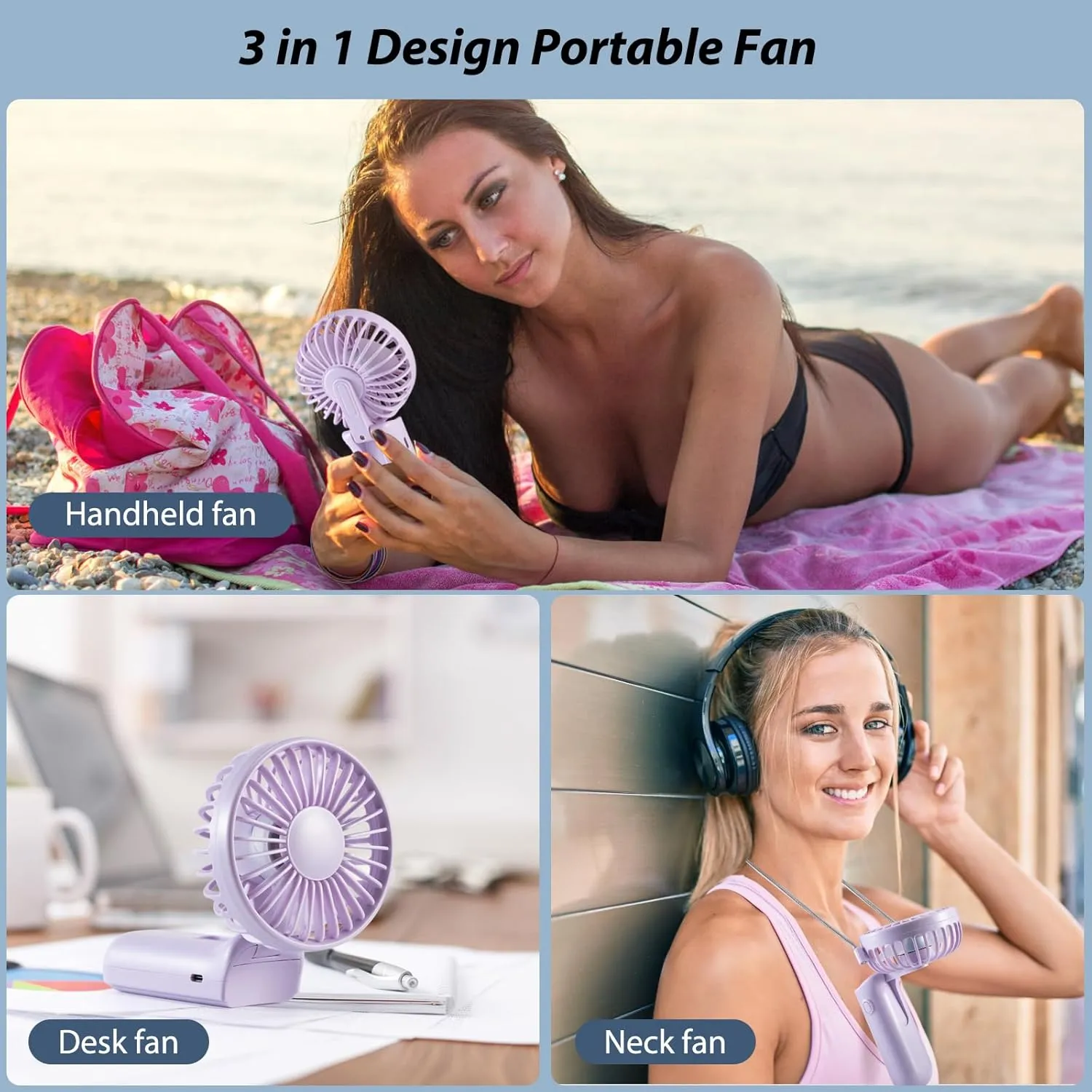 Handheld Mini Fan, 3 in 1 Small Portable Fan USB Rechargeable, 3000mAh Battery Operated with LED Display, 180 Foldable with 5 Speed Wind (Purple)