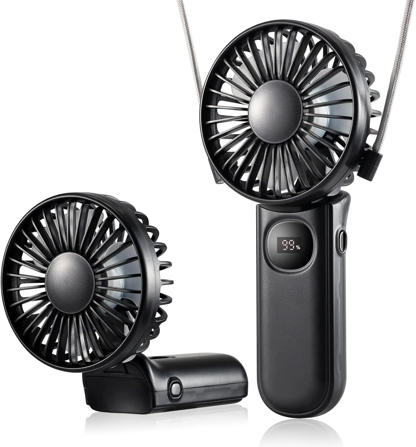 Handheld Mini Fan, Handheld/Neck/Desk 3 in 1 Small Portable Fan USB Rechargeable, 3000mAh Battery Operated with LED Display, 180 Foldable with 5 Speed Wind (Black) Neck fan for hands-free comfort