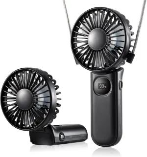 Handheld Mini Fan, Handheld/Neck/Desk 3 in 1 Small Portable Fan USB Rechargeable, 3000mAh Battery Operated with LED Display, 180 Foldable with 5 Speed Wind (Black) Neck fan for hands-free comfort