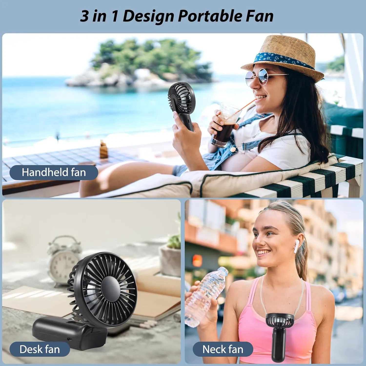Handheld Mini Fan, Handheld/Neck/Desk 3 in 1 Small Portable Fan USB Rechargeable, 3000mAh Battery Operated with LED Display, 180 Foldable with 5 Speed Wind (Black)